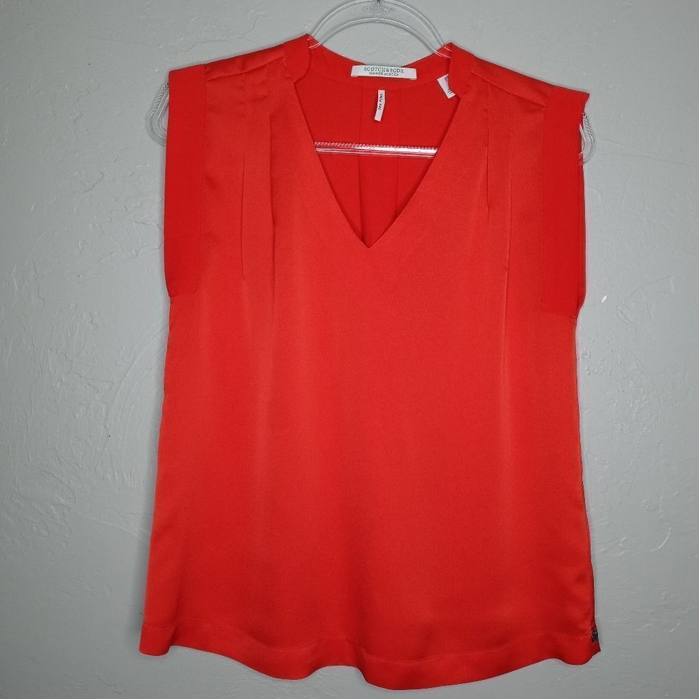 Scotch & Soda Red V-neck Pleated Shoulder Blouse